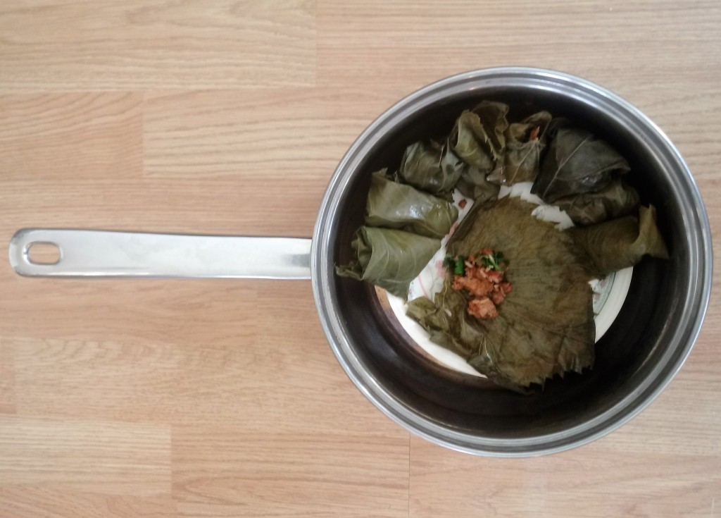 Vine leaves being stuffed in a metal saucepan on a wood laminate kitchen background
